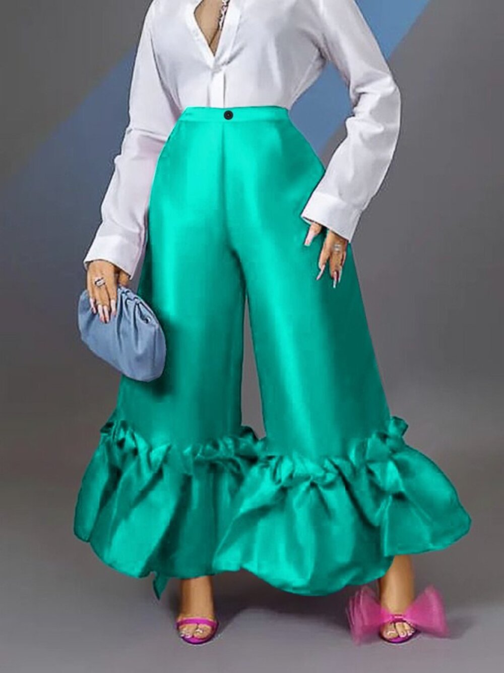 Green High-Waist Ruffle-Hem Wide-Leg Pants M
